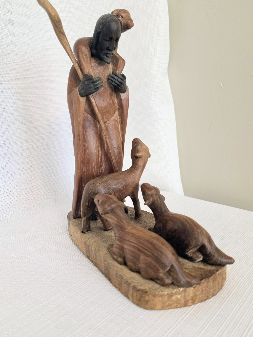 Handcarved Shepard Sheep Jesus Wood Sculpture Staff 10.5 In Christian